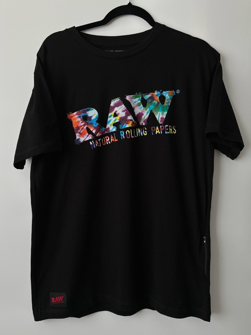 RAW Rolling Papers Tie Dye Logo Black Graphic T-Shirt Stash Pocket King Size L